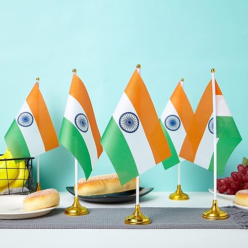 Miniatura 6 de ZXvZYT Bandera india de escritorio pequeña bandera india pequeña bandera india de mesa con base de soporte para decoración (paquete de 12)