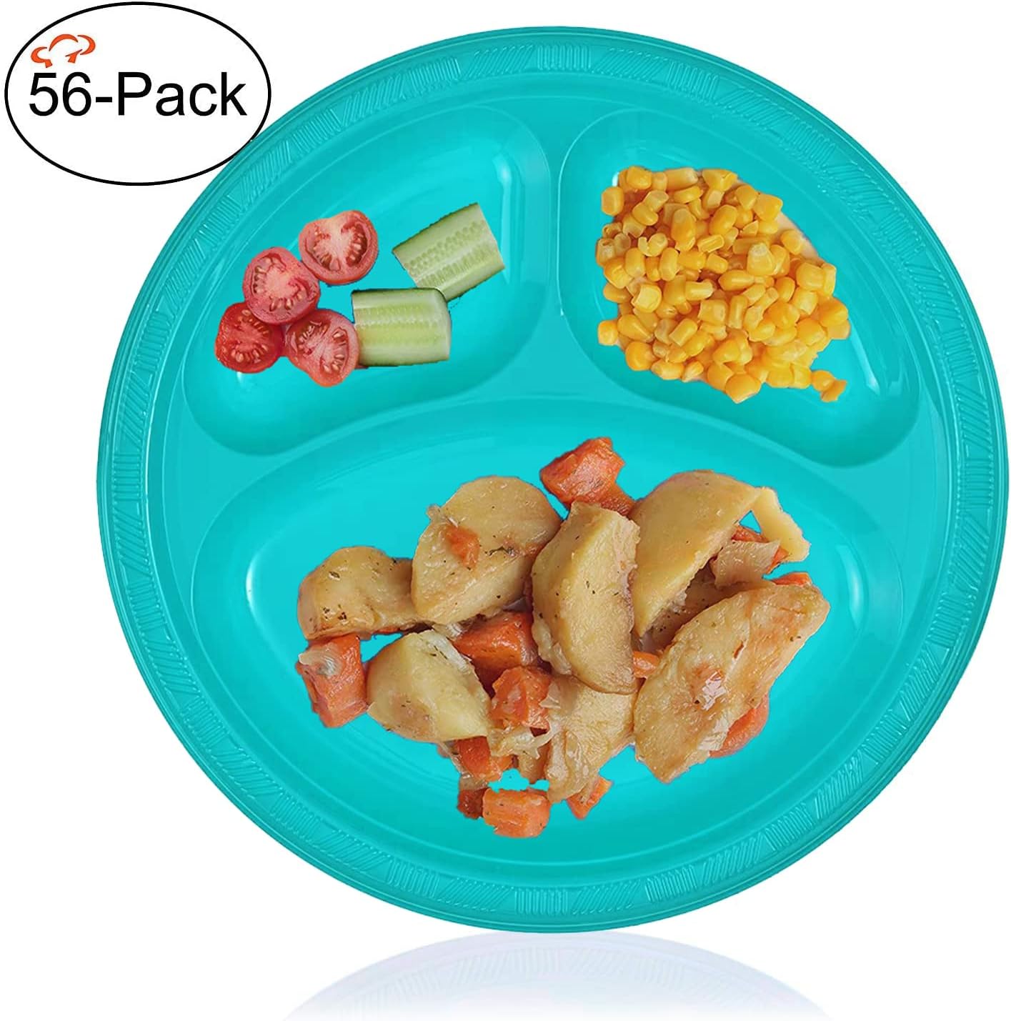 Tiger Chef Round 10 inch Plastic 3 Compartment Divided Plates, 56-Pack, Turquoise, Disposable Dinner Picnic Party Plates Set, BPA-Free