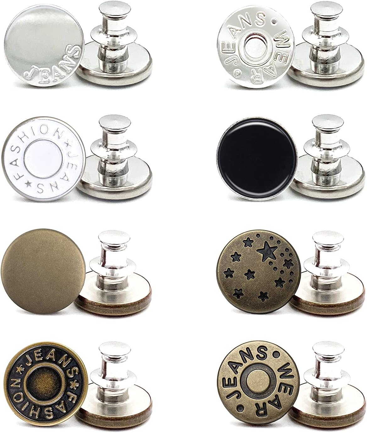 Button pins for Jeans, 8 Sets No Sew and No Tools Instant Jean Button Pins for Pants, Replacement Buttons, Button Clips, Simple Installation, Reusable and Adjustable (17mm)