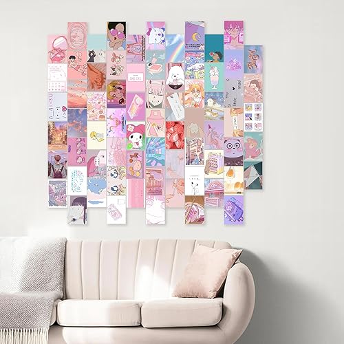 Vista 6 de KBKBART Anime Aesthetic Wall Collage Kit, 70pcs Kawaii Room Decor, Pink Cartoon Assembled Print Card Set, Anime Photo Wall Collage Posters for Room