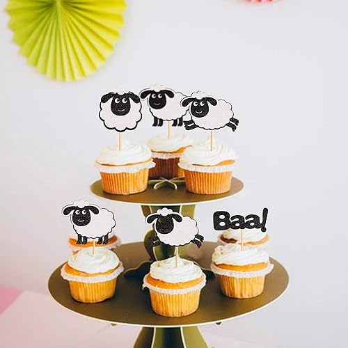 Miniatura 5 de Ercadio Paquete de 24 adornos para magdalenas de oveja con purpurina negra para animales de granja para magdalenas de ovejas, baa y decoración para