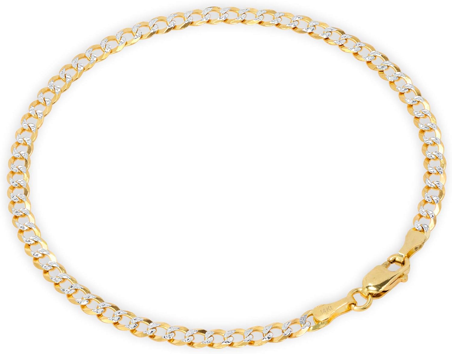 Nuragold 14k Real Yellow Gold Solid Cuban Curb Link 3mm Diamond Cut Pave Chain Bracelet (7"-9") Two Tone Italian Jewelry for Men & Women - Image 3