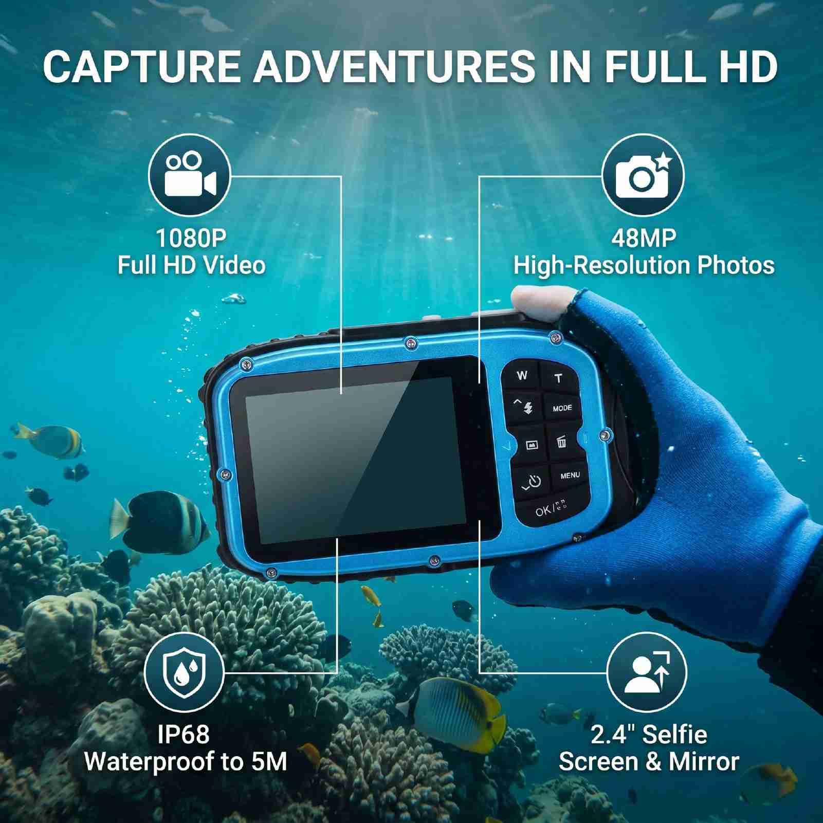 PUSOKEI Fotocamera Subacquea 1080P - Fotocamera Digitale Impermeabile da 48 MP (Blue)