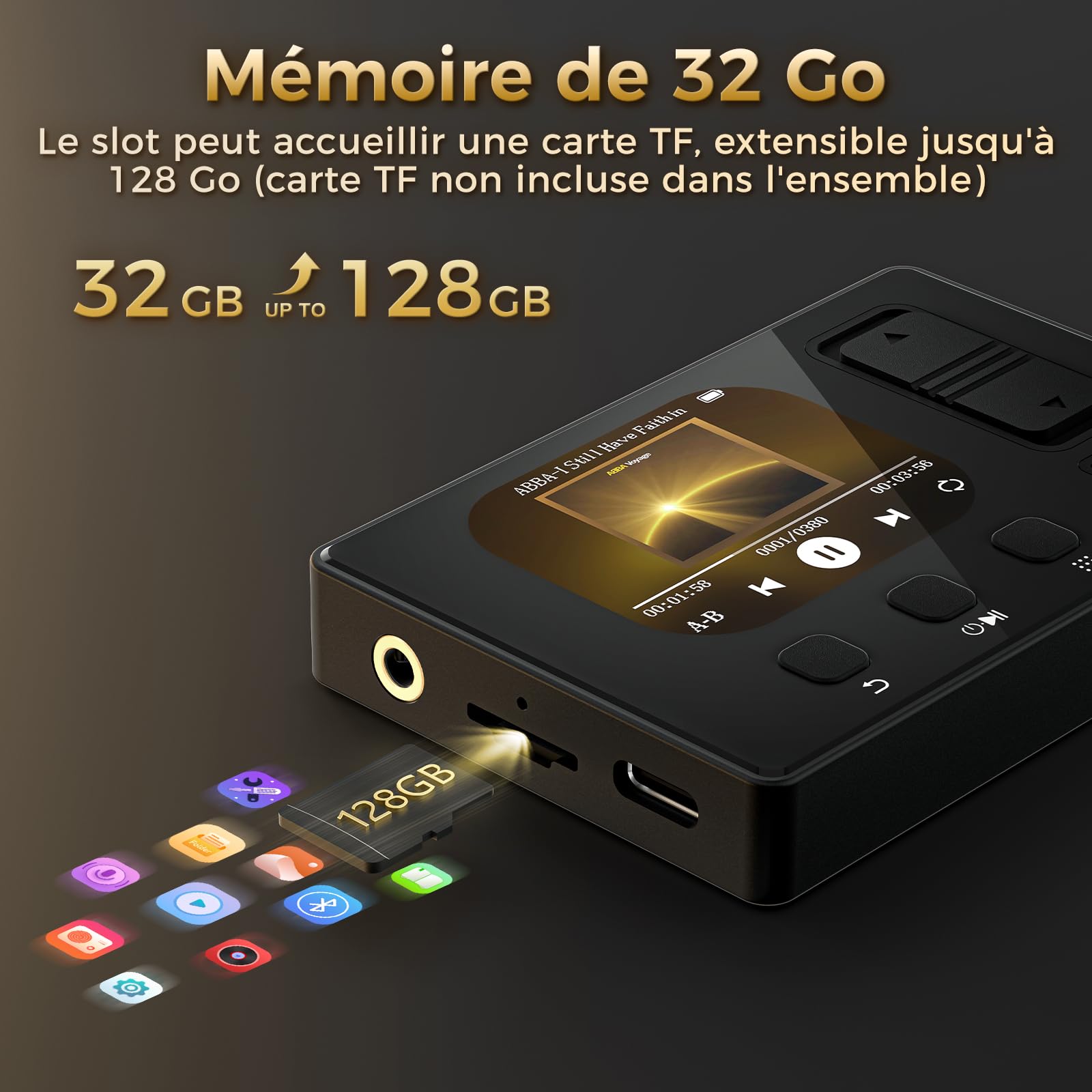 Lecteur MP3 avec Bluetooth 5.3, Lecteur MP3 Diofox HiFi avec Haut-Parleur, 32 Go de Stockage, 6 Styles de Musique, égaliseur, Radio FM, Carte TF jusqu'à 128 Go, Lecteur de Musique Portable Noir