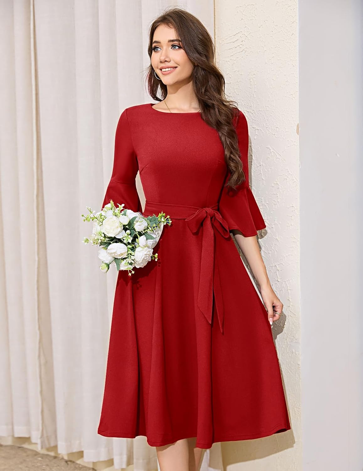 HomRain Women's Church Dresses Modest Bell Sleeve Wedding Guest Cocktail Tea Party Vintage Evening Dress - Image 5