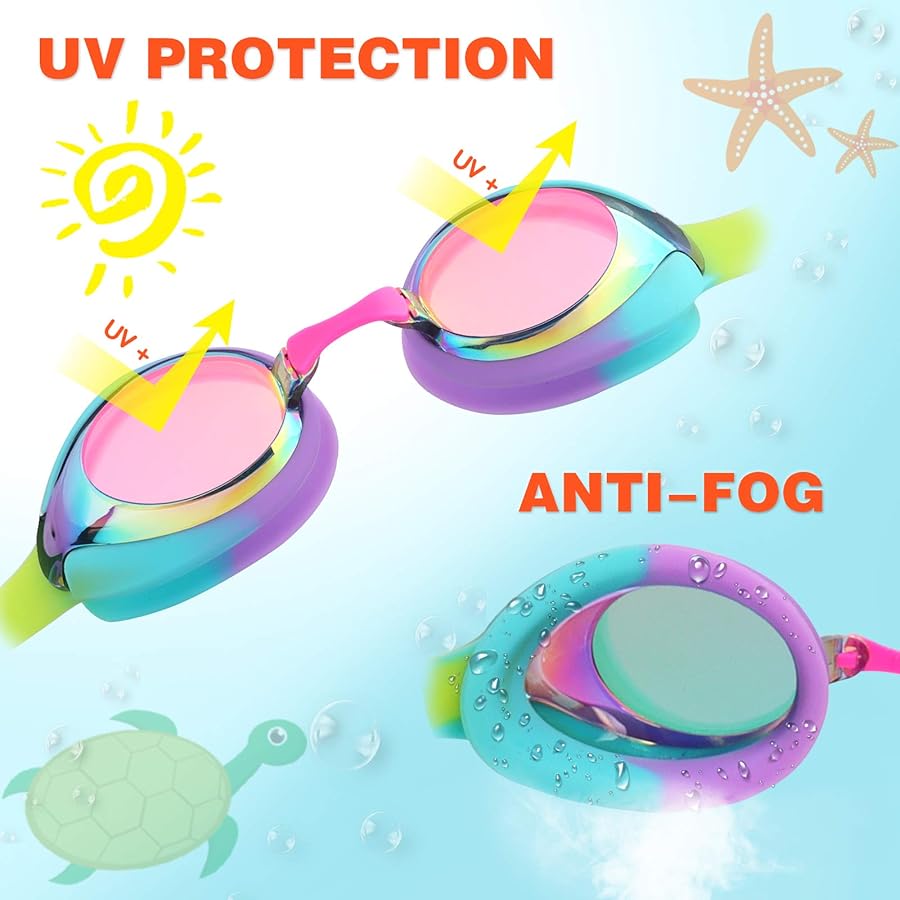 Keary 2 Pack Kids Swim Goggles Swimming Goggles for Toddler Children Girls Boys Youth, Anti-Fog Waterproof UV Protection No Glare Clear Vision Mirrored Flat Lens Water Pool Goggles with 3 Nose Pieces - image 5