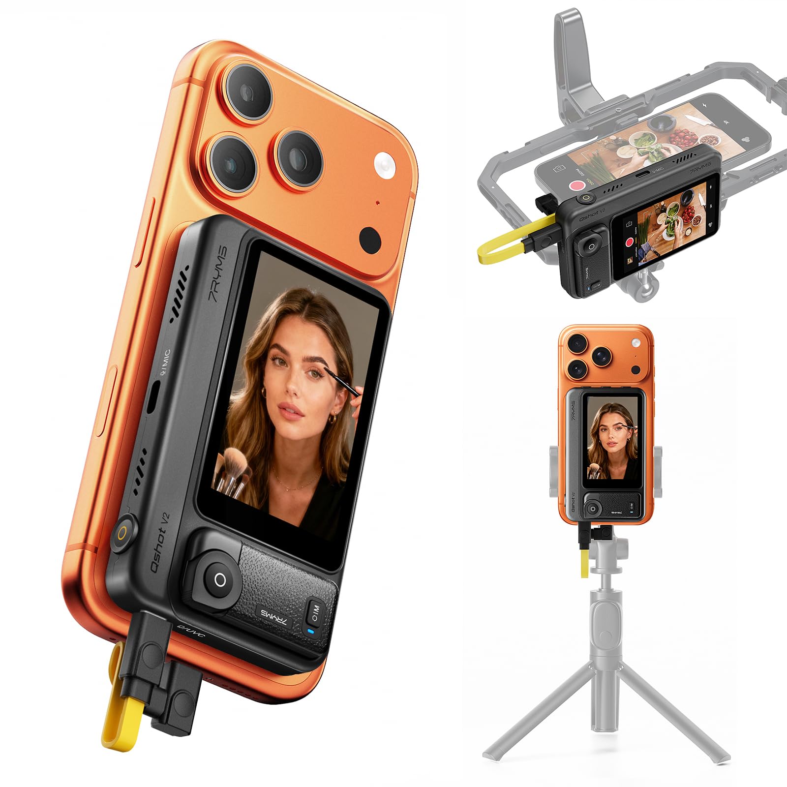 7RYMS Qshot V2 Selfie-Monitor-Bildschirm für iPhone & Android,4K 60fps magnetischer Rückkamera-Monitor mit Fernbedienung,Lautsprecher,Handy Bildschirm für Vlogging, Live-Streaming & TikTok (Schwarz)