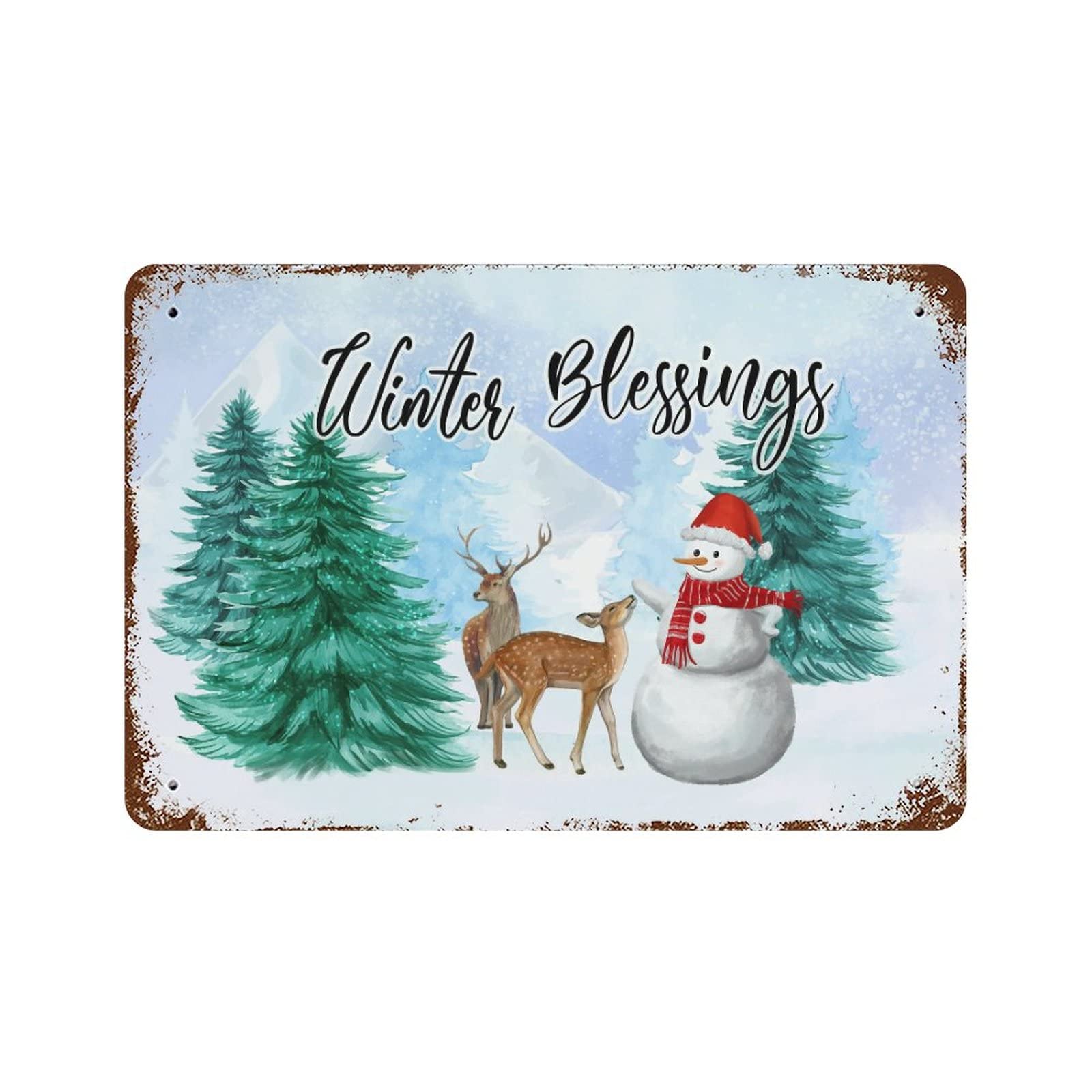 Plaque en métal Christmas Winter Blessings décoration bonhomme de neige rétro 30x45 cm