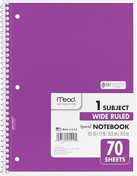 Spiral Bound Notebook, Wide/Margin Rule, 8 x 10-1/2, White, 1 Subject 70 Sheets/Pad Parallel import goods