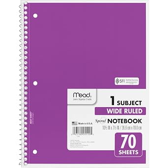 Mead Spiral Notebook, 1 Subject, Wide Ruled Paper, 7-1/2 x 10-1/2, 70 Sheets, Color Will Vary (05510)