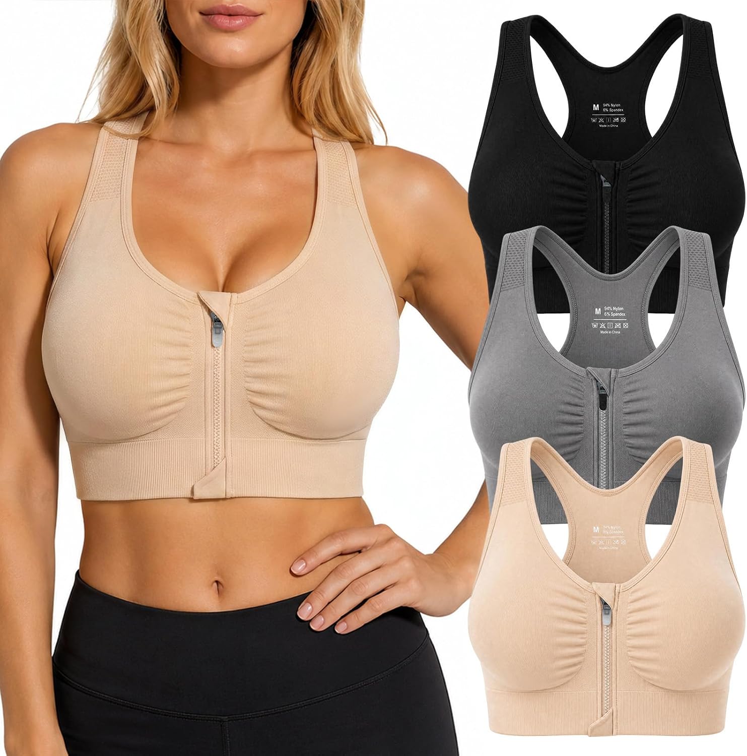 Zip Front Sports Bra for Women, Wireless Supportive Racerback Bra | 3-Pack Post-Surgery Recovery Bras with Removable Pads Front Zipper Closure Activity for Yoga, Running and Gym Workouts
