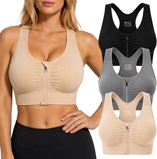 Zip Front Sports Bra for Women, Wireless Supportive Racerback Bra