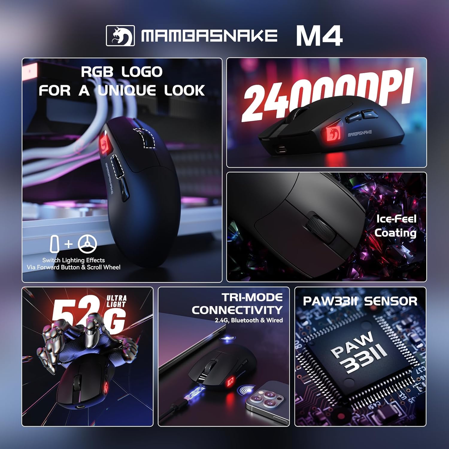 ATTACK SHARK × MAMBASNAKE M4 Wireless Gaming Mouse, 24000 Adjustable DPI PAW3311 Optical Sensor, Programmed Buttons, 52g Lightweight Ergonomic Computer Mice 2.4G/BT/USB-C for PC/Mac-Black