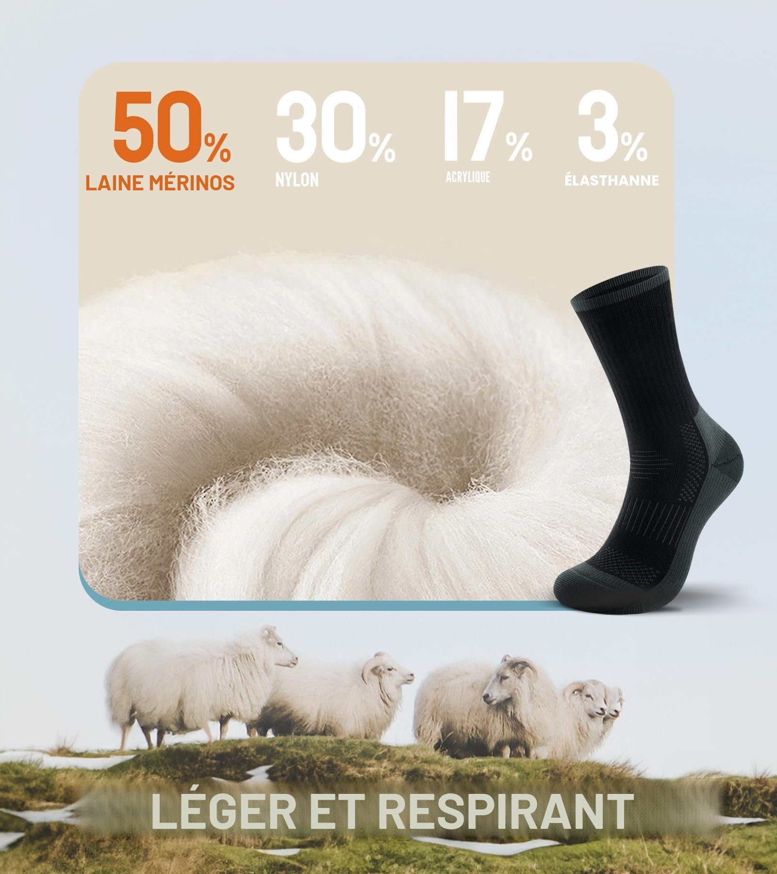 TANSTC Chaussettes de Randonnée en Laine Mérinos pour Femme Anti-ampoules Respirantes 3 Paires