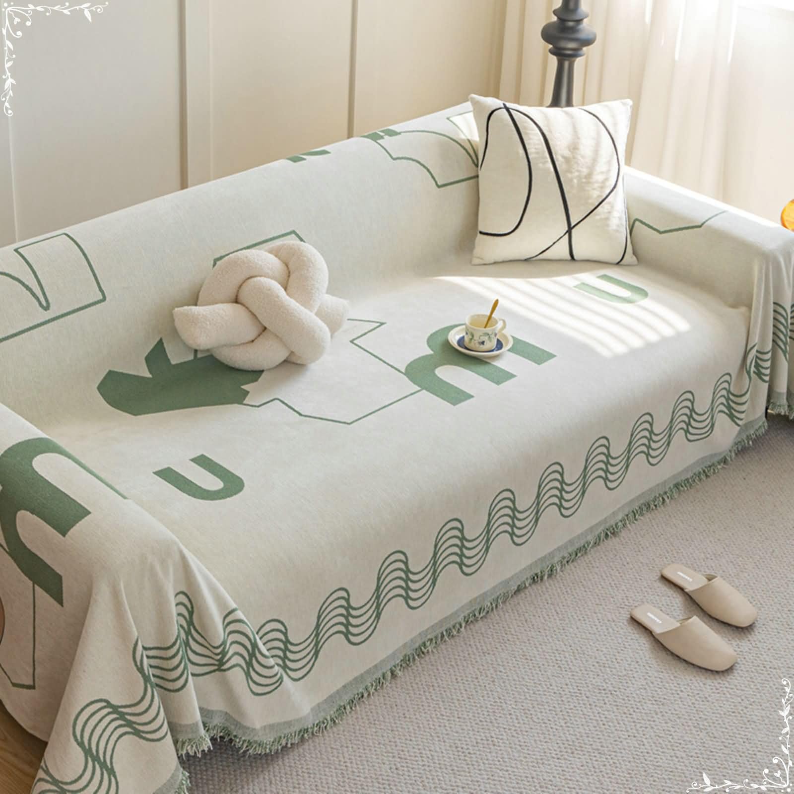 Copripoltrona 2 Posto,Coperta Divano Letto Verde Copridivano con Angolo 180x230CM Copridivano Telo Ciniglia Linee Ondulate con Lettere