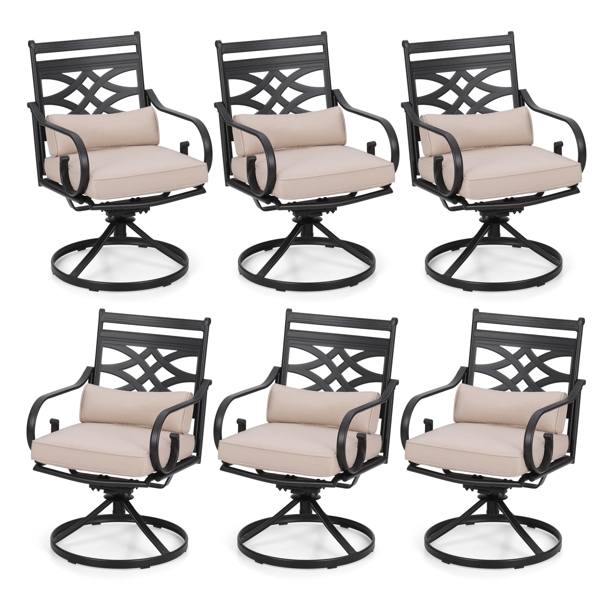 PHI VILLA Outdoor Swivel Chairs Set of 6, Patio Wrought Iron Dining Chairs with Cushions and Pillows, All Weather Heavy-Duty Black Metal Steel Seating
