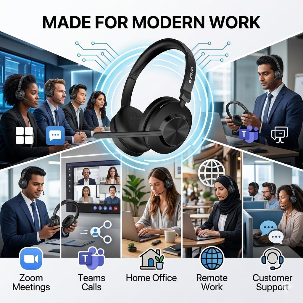 Voistek Wireless Headset with Mic for Work, Bluetooth Computer Headphones(Bluetooth 5.3 + USB Dongle) w/Noise Cancelling Mic & Mute Button for Work,Home Office,Zoom,Teams,Online Meetings (Black)