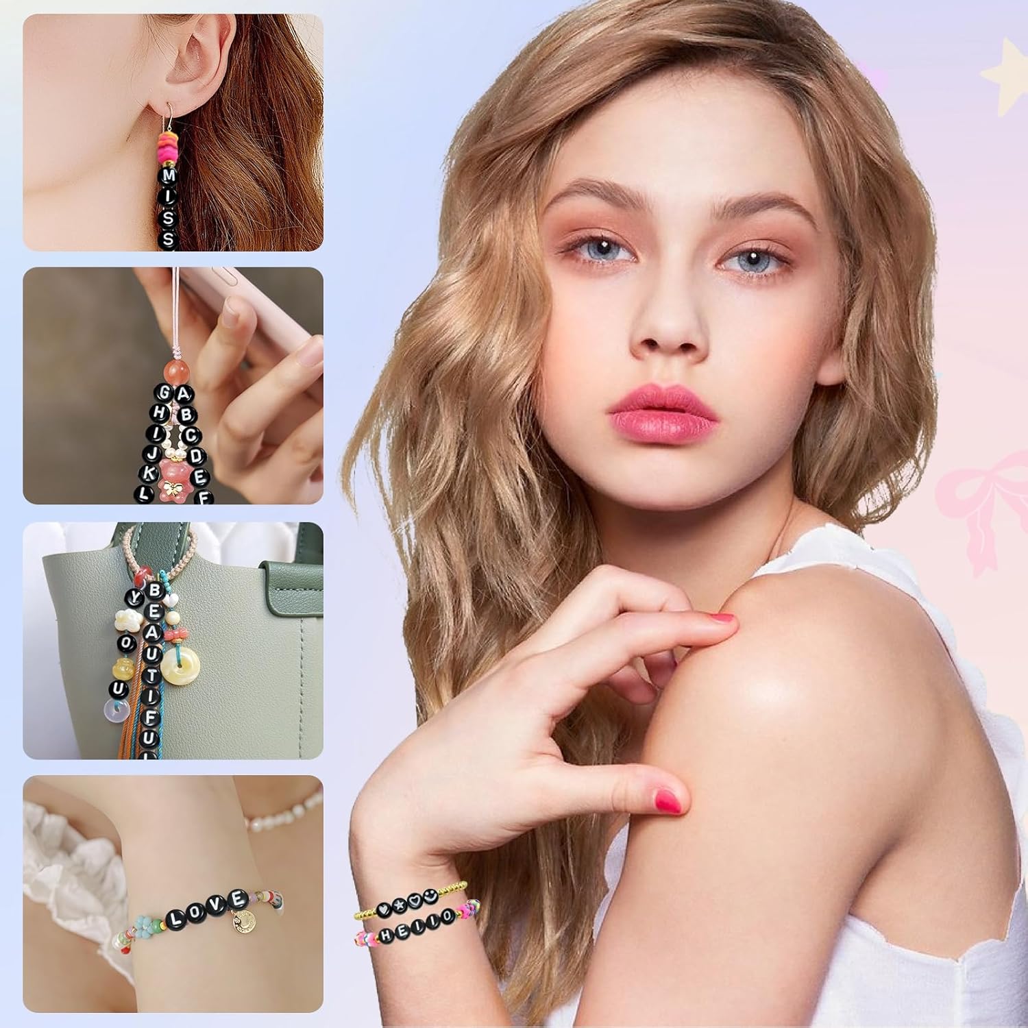 Amaney 1600pcs Black Letter Beads 4x7mm Round Acrylic Alphabet A-Z Number Star Smiley Beads and Heart Pattern for Jewelry Making - Image 5