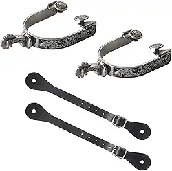 Esporas de caubói ocidentais, emparelhadas com cinto de esporão de 6 furos, esporão de cavalo ocidental de aço inoxidável com engrenagem giratória, tiras de esporão de couro retrô fino acabamento fino