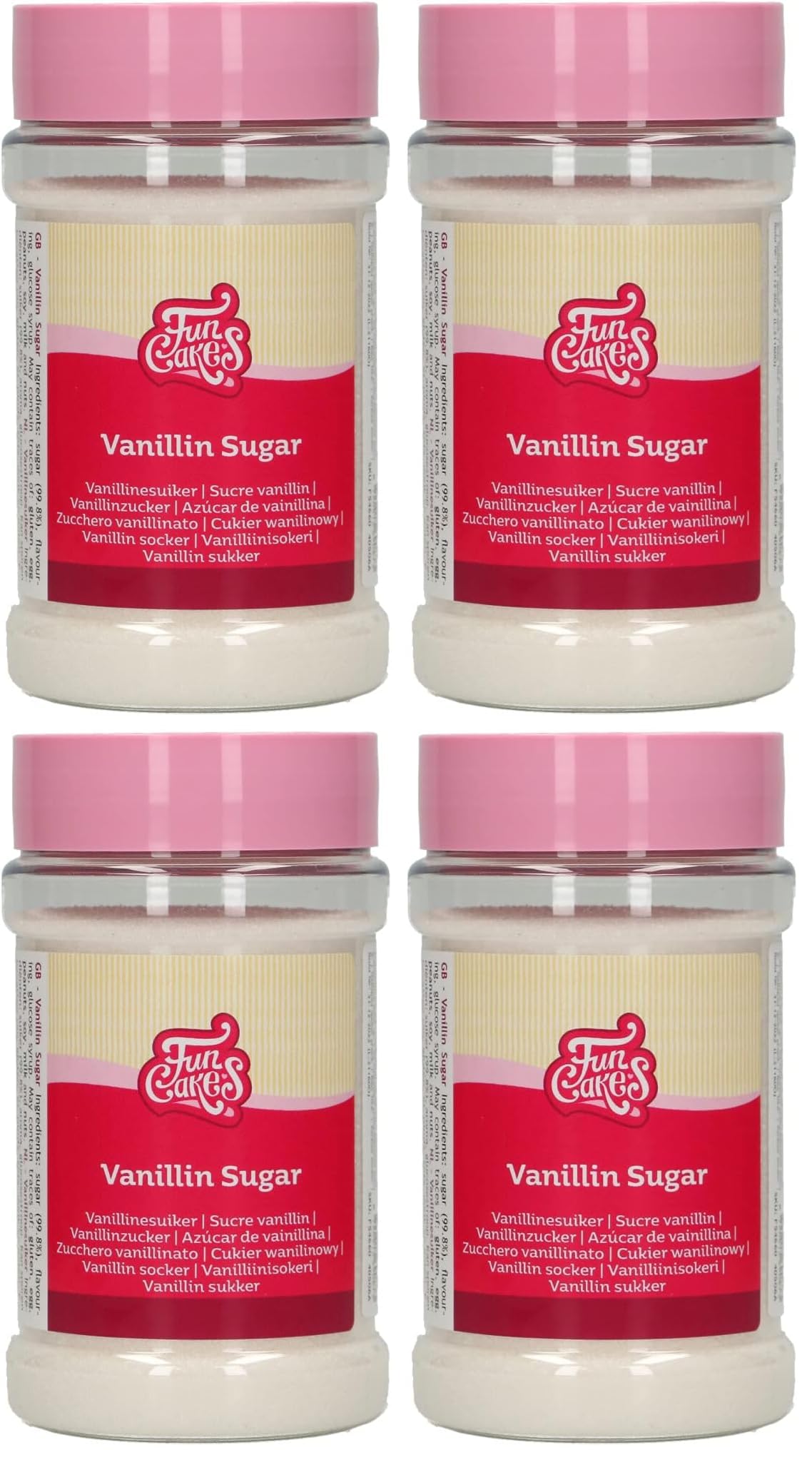 FunCakes Sucre Vanillin FunCakes: Sucre à la saveur de vanille, à utiliser dans la pâte ou base, saupoudrer de fruits frais, 250 g. (Lot de 4)