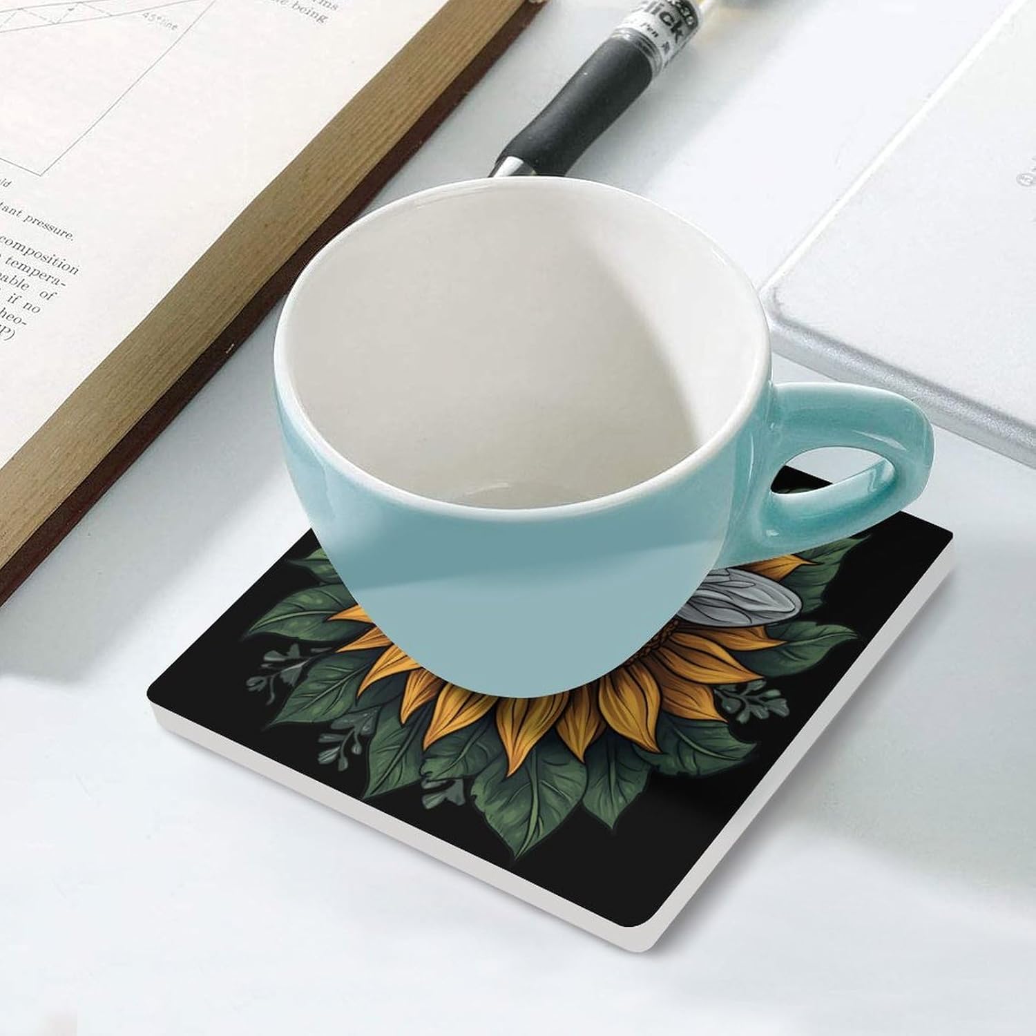 Sunflower Save The Bees Ceramic Coasters Set Square Drink Coasters Table Coaster for Kitchen Desktop Decor
