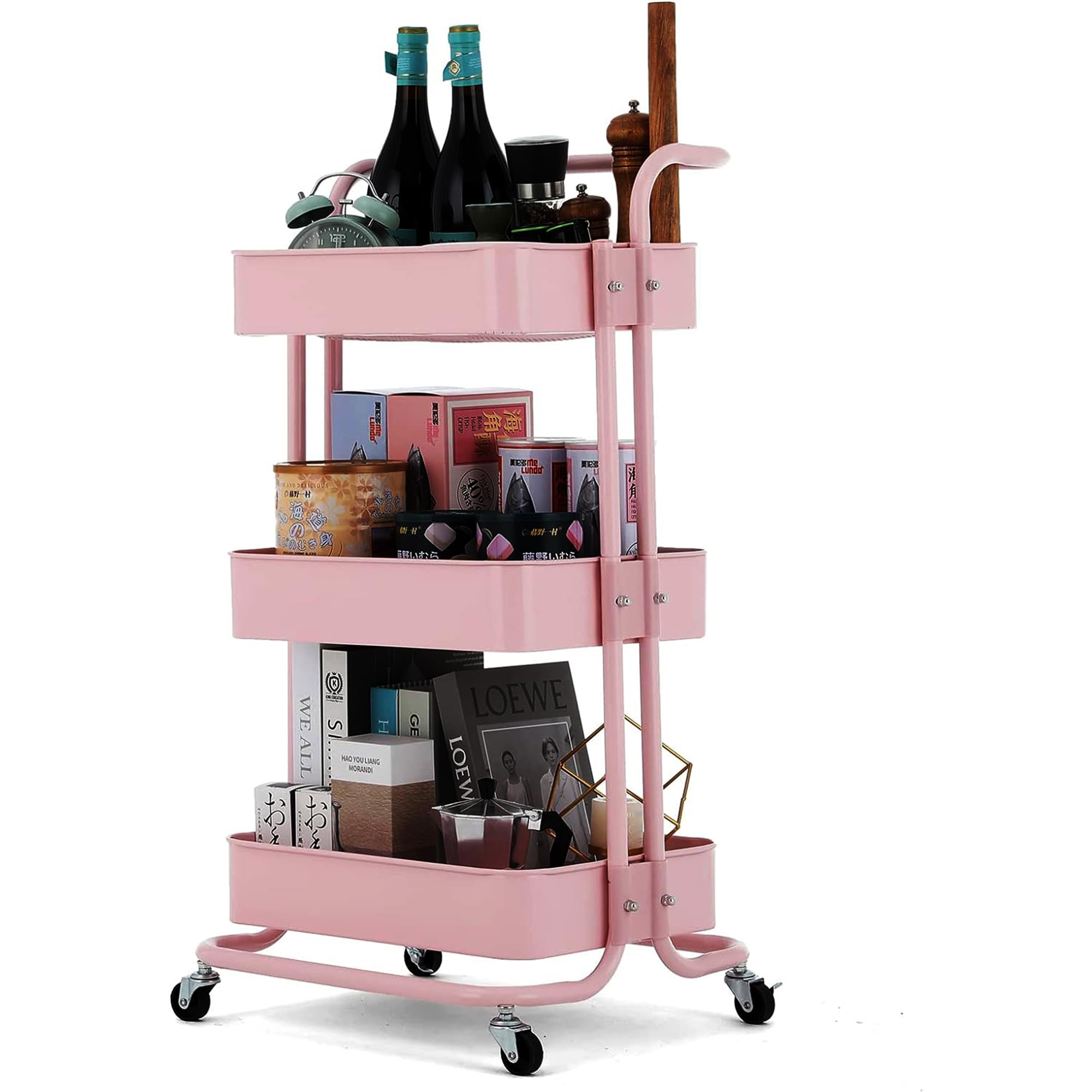 3 Tier Metal Rolling Utility Cart Organizer, Multipurpose Organizer Trolley with Casters for Kitchen, Bedroom, Bathroom, Office, Laundry Room and Garage (Pink)