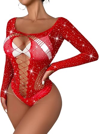 Sexy Fishnet Mesh Top Lingerie for Women Rhinestone Mesh Bodysuit Sparkle Teddy Lingerie Sexy Outfit