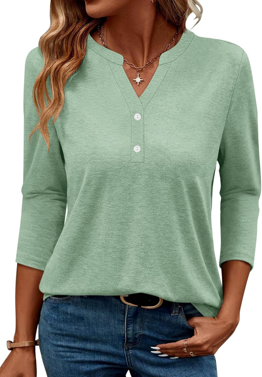 TICTICMIMI Women's V Neck 3/4 Sleeve Tops Button Down Casual T Shirts Basic Loose Fit Tunic Blouse