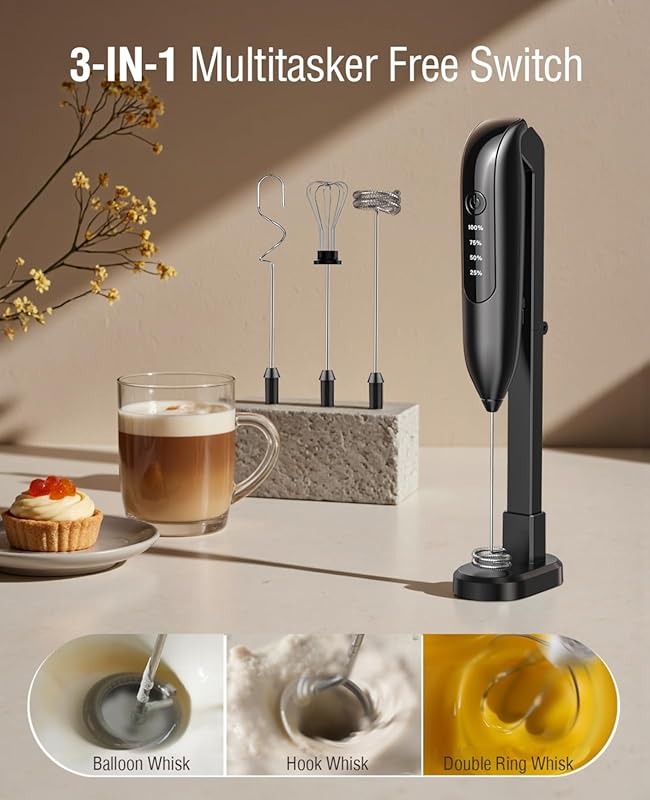 Electric Milk Frother Handheld: coffee frother rechargeable 3 in 1 - LED Display, Wireless Charging - 3 Speeds, Stainless Steel Whisk for Latte, Cappuccino - Jet Black
