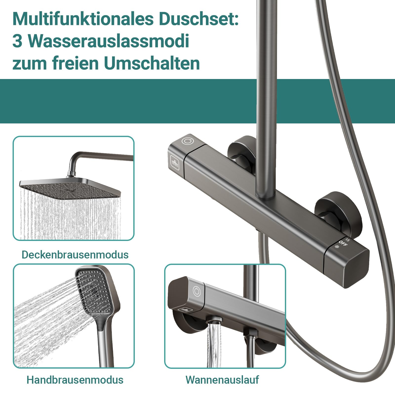 Regendusche mit Armatur, Duschsystem mit Thermostat, Duscharmatur Komplettset mit Höhenverstellbarer Duschstange 85–145 cm, Eckiger Regenduschkopf und Handbrause für Badezimmer