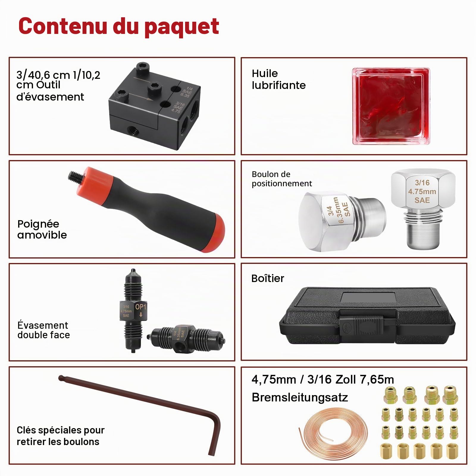 Kit d'évasement pour conduites de frein SAE - Kit d'évasement à double tête - Pour conduites de frein de voiture de 4,75 et 6,35 mm - Avec câble de frein de 7,62 m de diamètre et 4,75 mm et 16