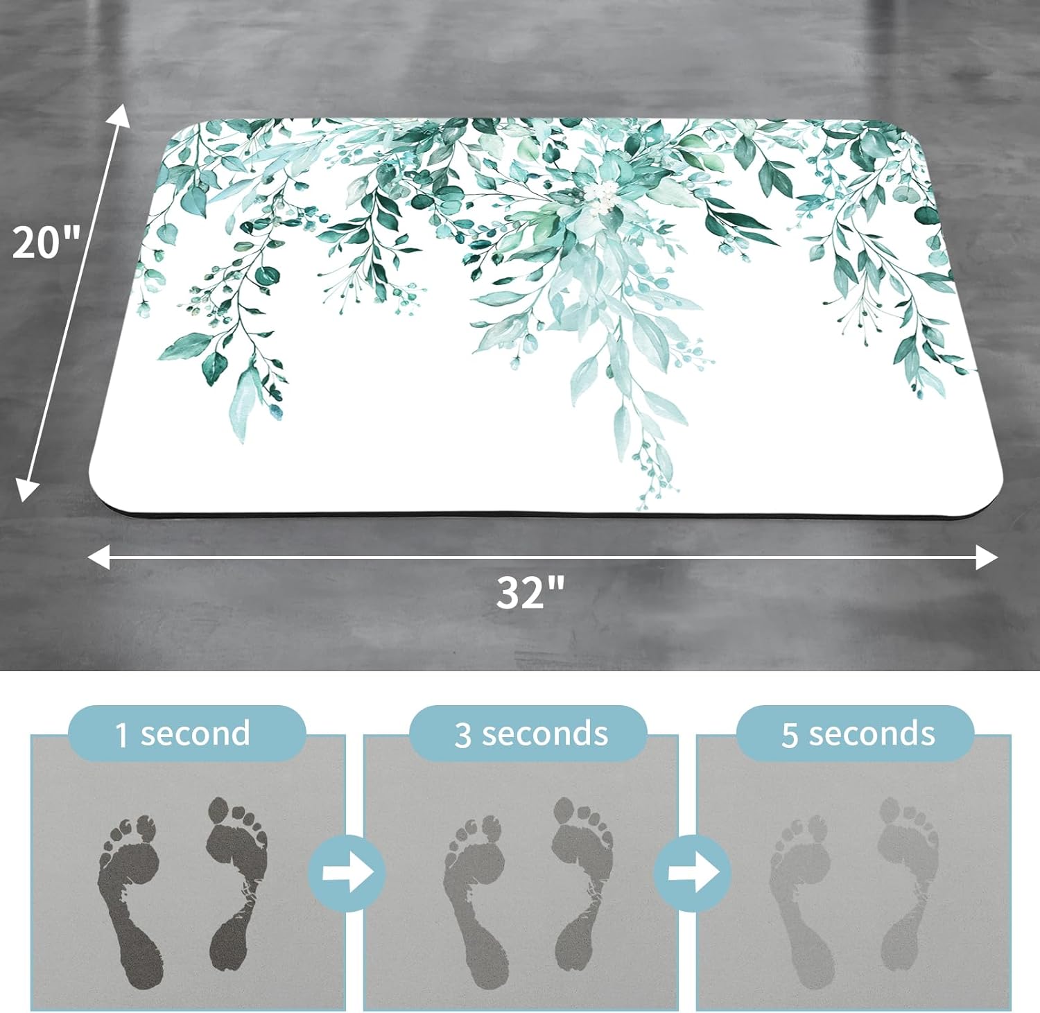 Gibelle Eucalyptus Leaves Bath Mat Rug Set 2 Piece, Super Absorbent Quick Dry Bathroom Rug Set, Non Slip Rubber Backed Bathroom Floor Mat for Tub Shower Sink (17"x24"+20"x32", Teal)