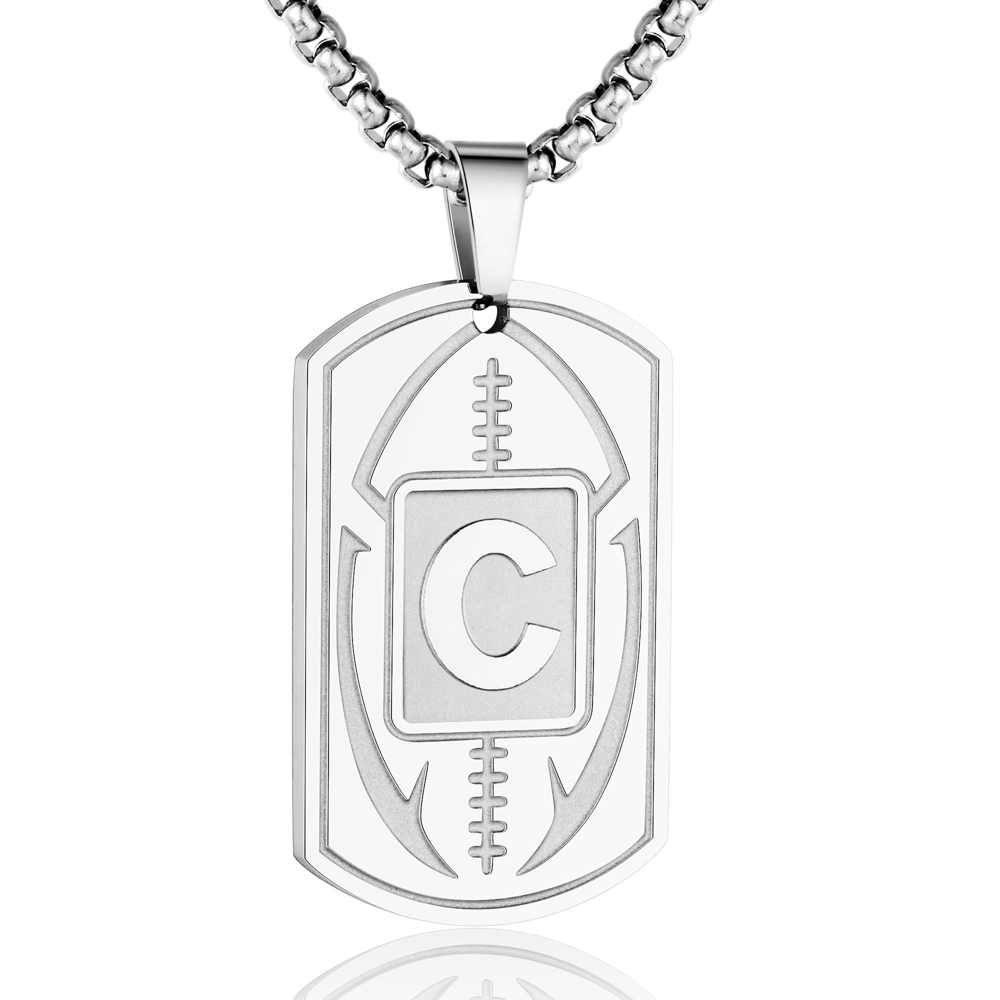 Initial A-Z Dog Tag Necklace for Men - Football Charm Pendant, Stainless Steel Chain 22+2 Inches, Personalized Sports Athletes Jewelry Gift