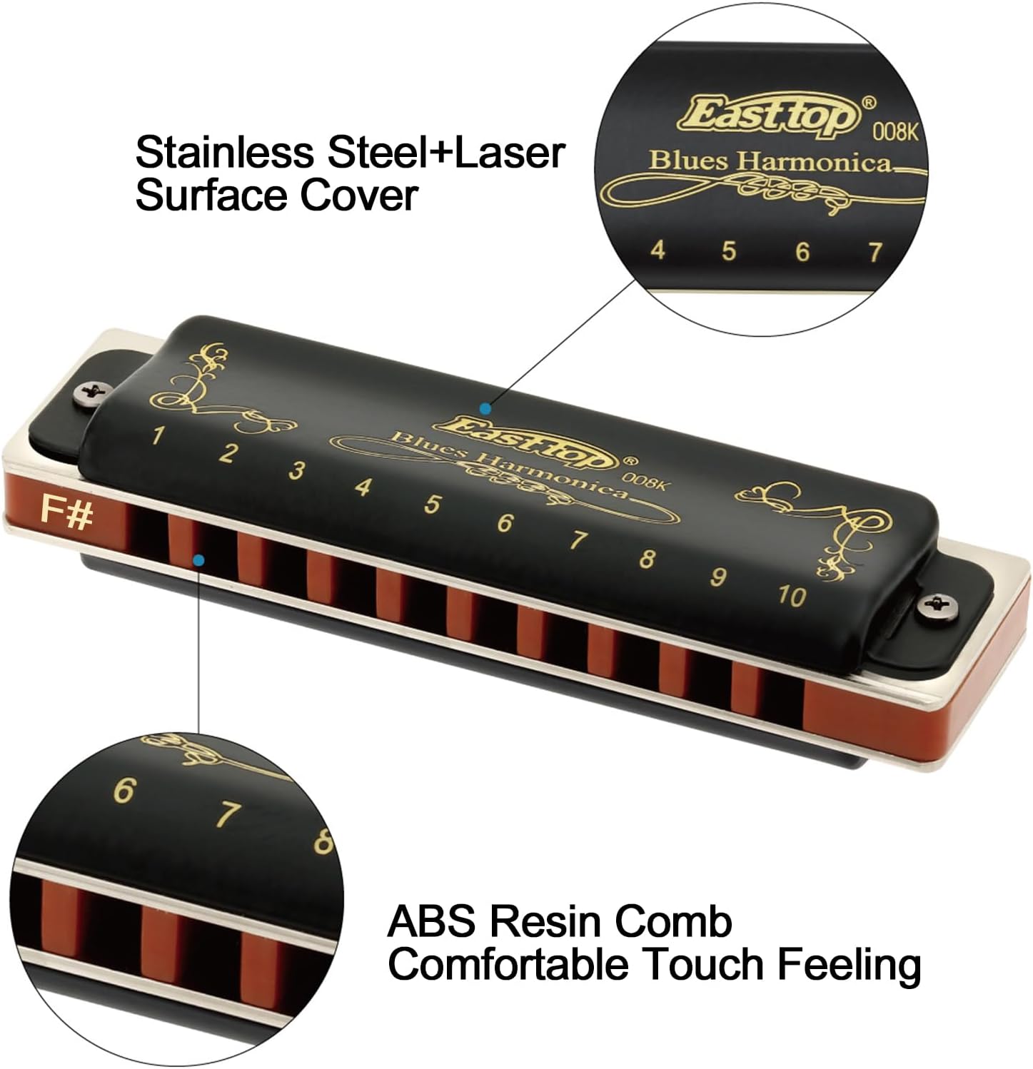 East top Diatonic Harmonica Key of F# 10 Holes 20 Tones 008K Mouth Organ with Black Cover, Top Grade Harmonica for Adults, Professionals and Students