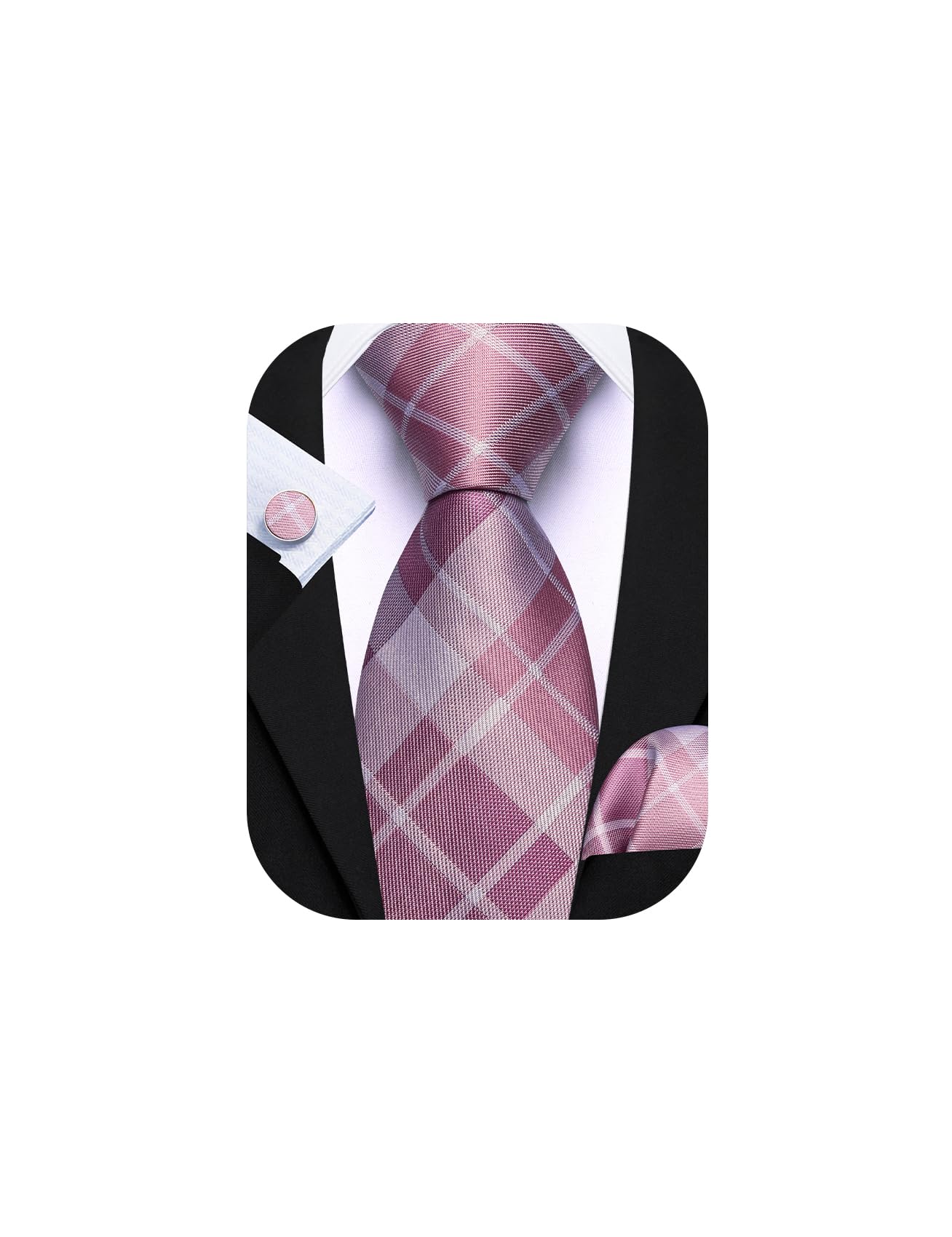 Barry.Wang Plaid Ties Checkered Mens Silk Necktie Handkerchief Cufflinks