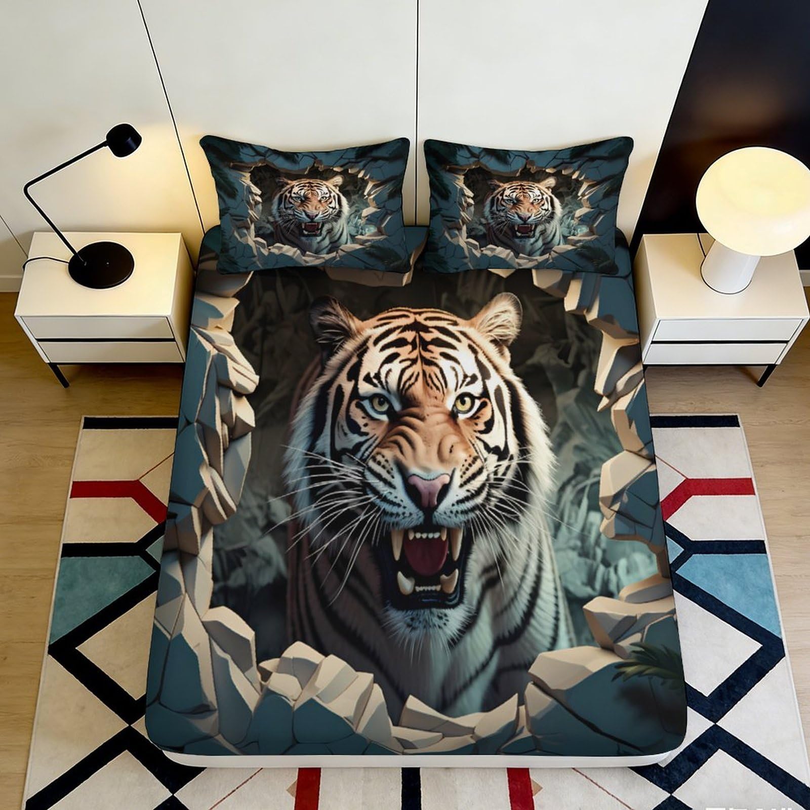 3D Printed Tiger Animal Fitted Sheet Microfiber Soft Breathable Jungle Breakthrough Mattress Cover for Bedroom Dorm Mattress Protection Decor 200x200x25cm