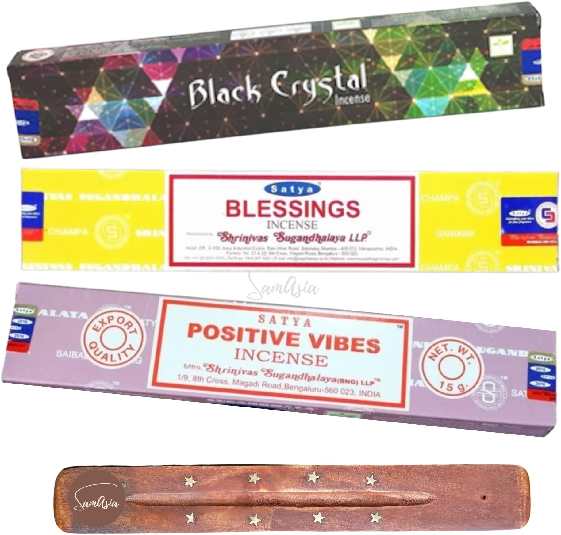 Satya Nag Champa Black Crystal, Blessings and Positive Vibes Incense Sticks | x3 pack | with SAMASIA incense sticks holder | Burn for Positivity