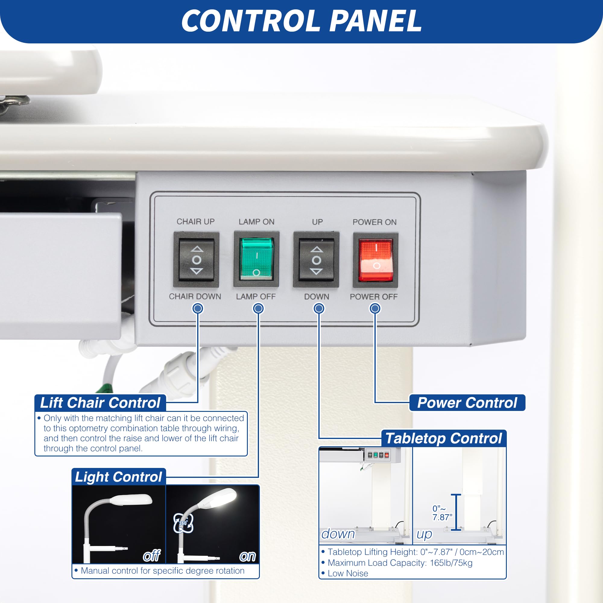 UCanSee Optometry Combination Table - Electric Height Adjustment, Large Drawer - Fits Trial Lens Set Tray, Phoropter, Auto Refractometer, Vision Chart Projector - Tabletop Size: 35.2