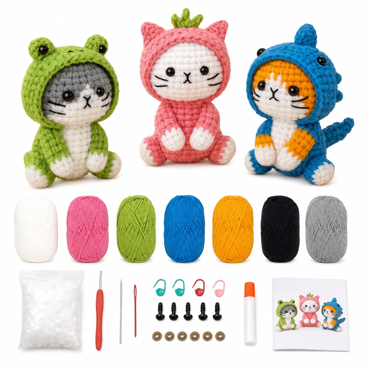 Tevora Cat Crochet Kit for Beginners, 3 Pcs DIY Animal Amigurumi Crochet Starter Kit for Adults and Teens, Yarn Hook Stuffing Instructions and Video Tutorial, Frog Strawberry Shark Cat Set