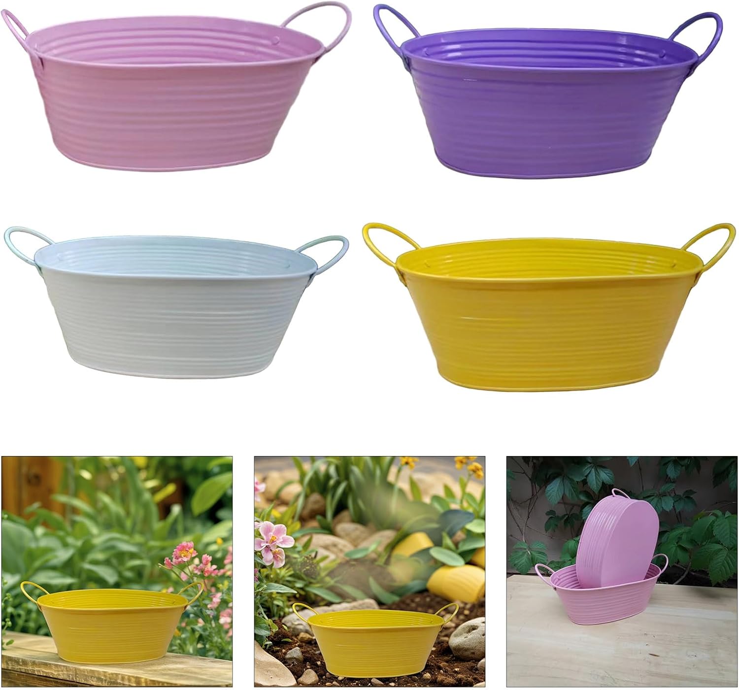 2 Pack Oval Flower Planter,Metal Flower Pots with Handles, Tubs Floral Arrangement Bucket Plant Pot Holders, Garden Cactus Container for Parties, Weddings Indoor Outdoor 8.66x5.12x3.54inch