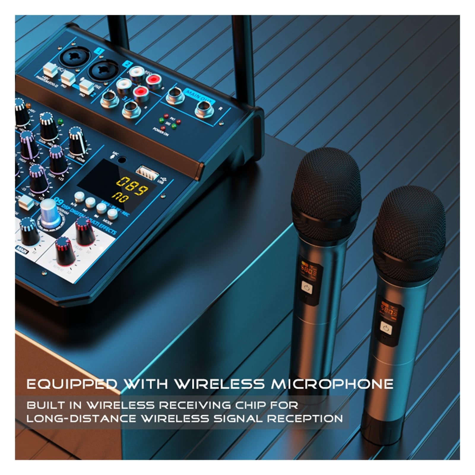 Mikser dźwięku, 4-kanałowa konsola miksera DJ z mikserem Bluetooth UHF bezprzewodowy mikrofon do domowego studia scenicznego(Black MIC)