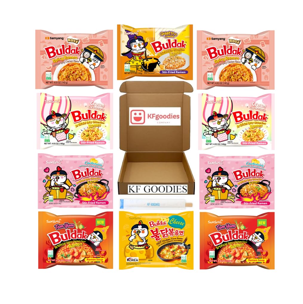 KF GOODIESKorean Ramen Variety Pack Gift Box (10 Count) – Spicy Buldak Noodle Assortment for Birthdays, College Care Packages, Office Snacks, and Gift Baskets