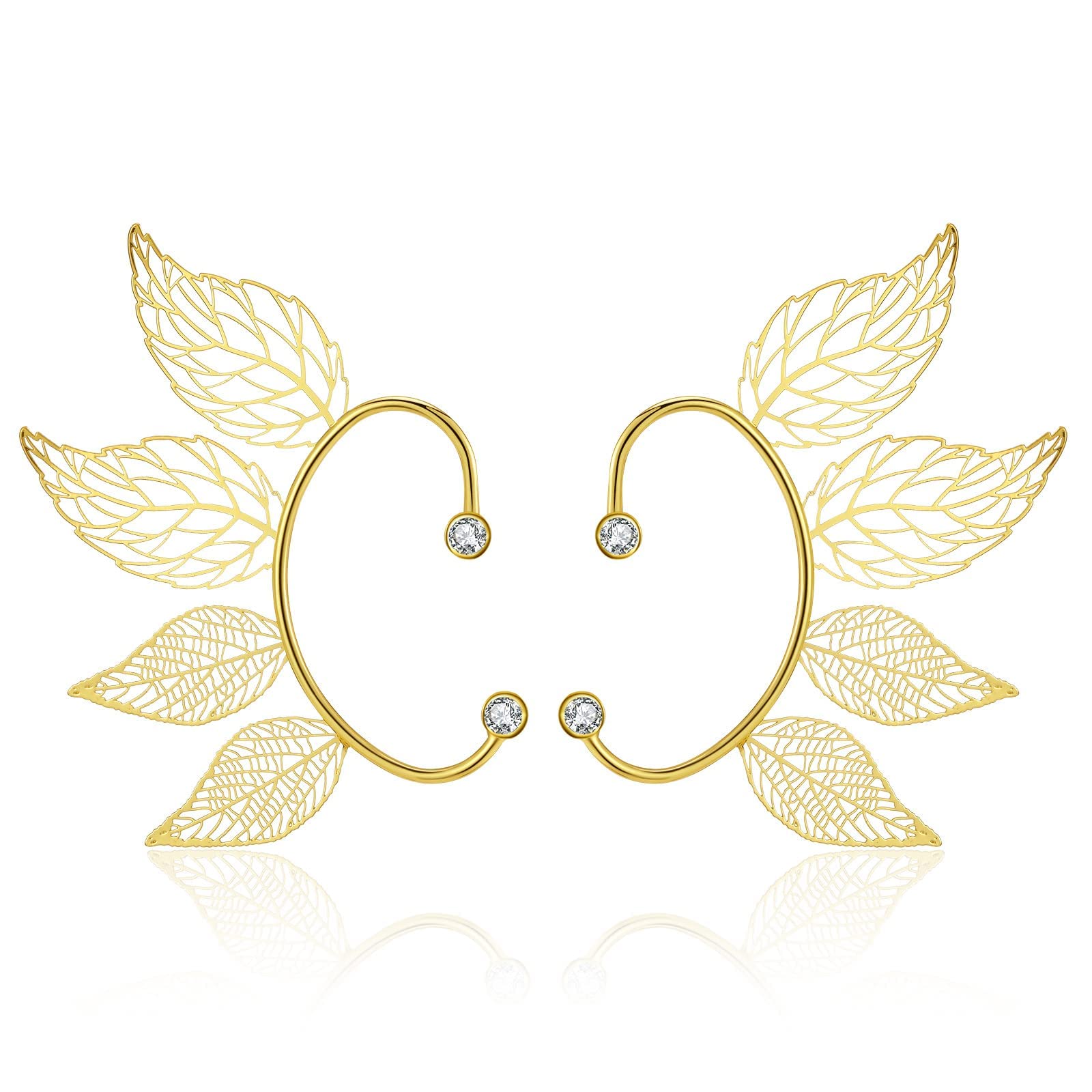 Elven Ear Cuffs, Handmade Elf Fairy Earrings Wrap Earrings Clip-on Earrings Non Piercing Golden Leaves Hollow Leaf for Fantasy Fairy Costume, Cosplay, Wedding, Handcraft, 1 Pair