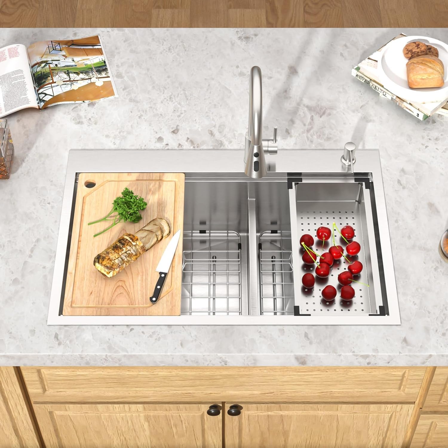 33 Inch Drop-In Double Bowl Kitchen Sink, 16 Gauge 304 Stainless Steel 60/40 Low Divide Workstation All-In One Large Sink with Accessories, Brushed Nickel #TLDB-502