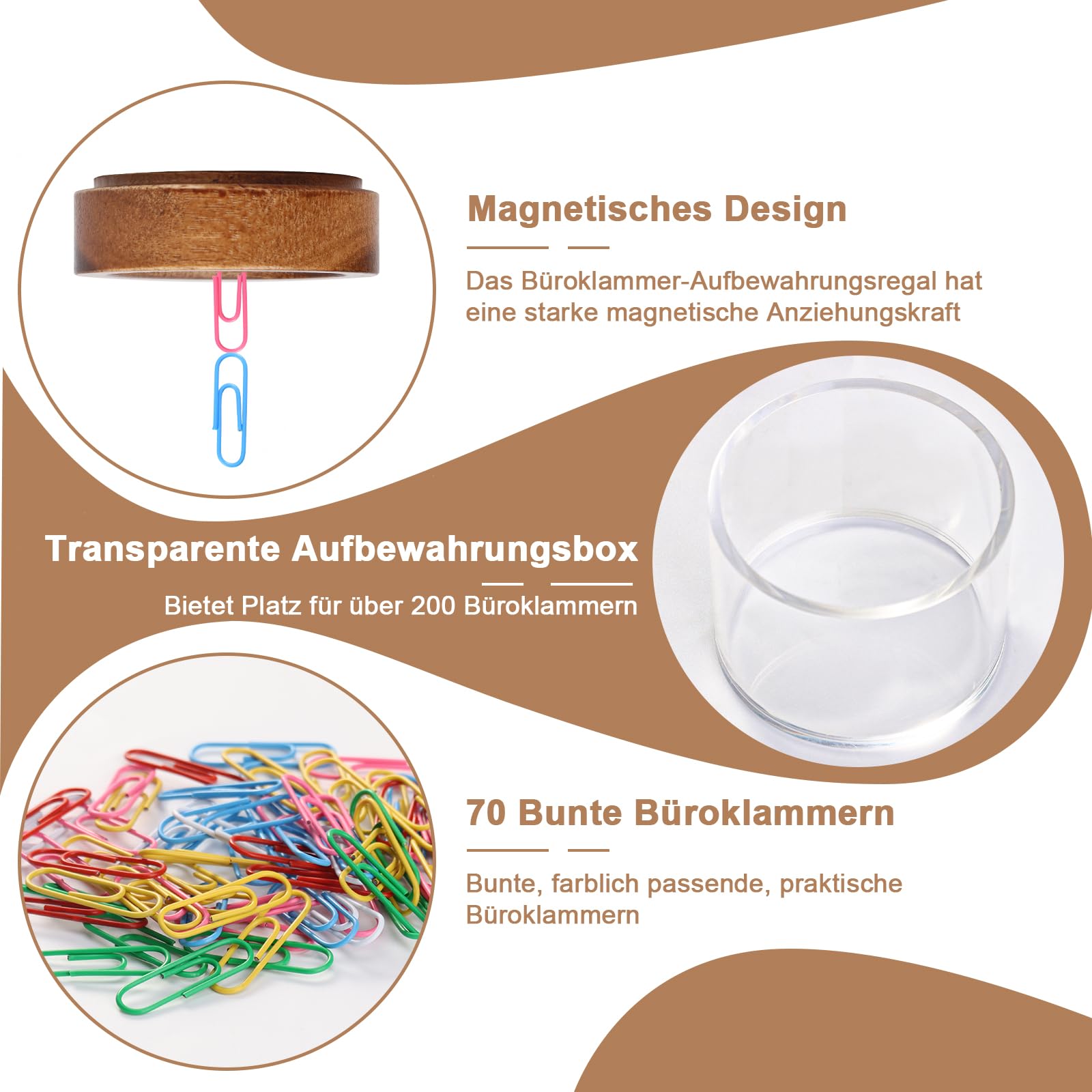 1 distributeur de trombones magnétique 6,5 x 2 cm en bois avec 70 trombones Boîte de rangement magnétique Distributeur de pinces de bureau avec boîte de rangement en acrylique pour fournitures de