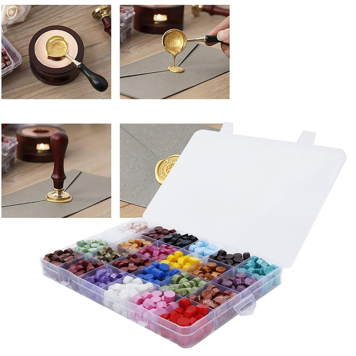 ワックスシールキット 24色ビーズ付きコンプリートセット 木製スタンプ メルティングウォーマー スプーン 封筒 ペン ティーライト