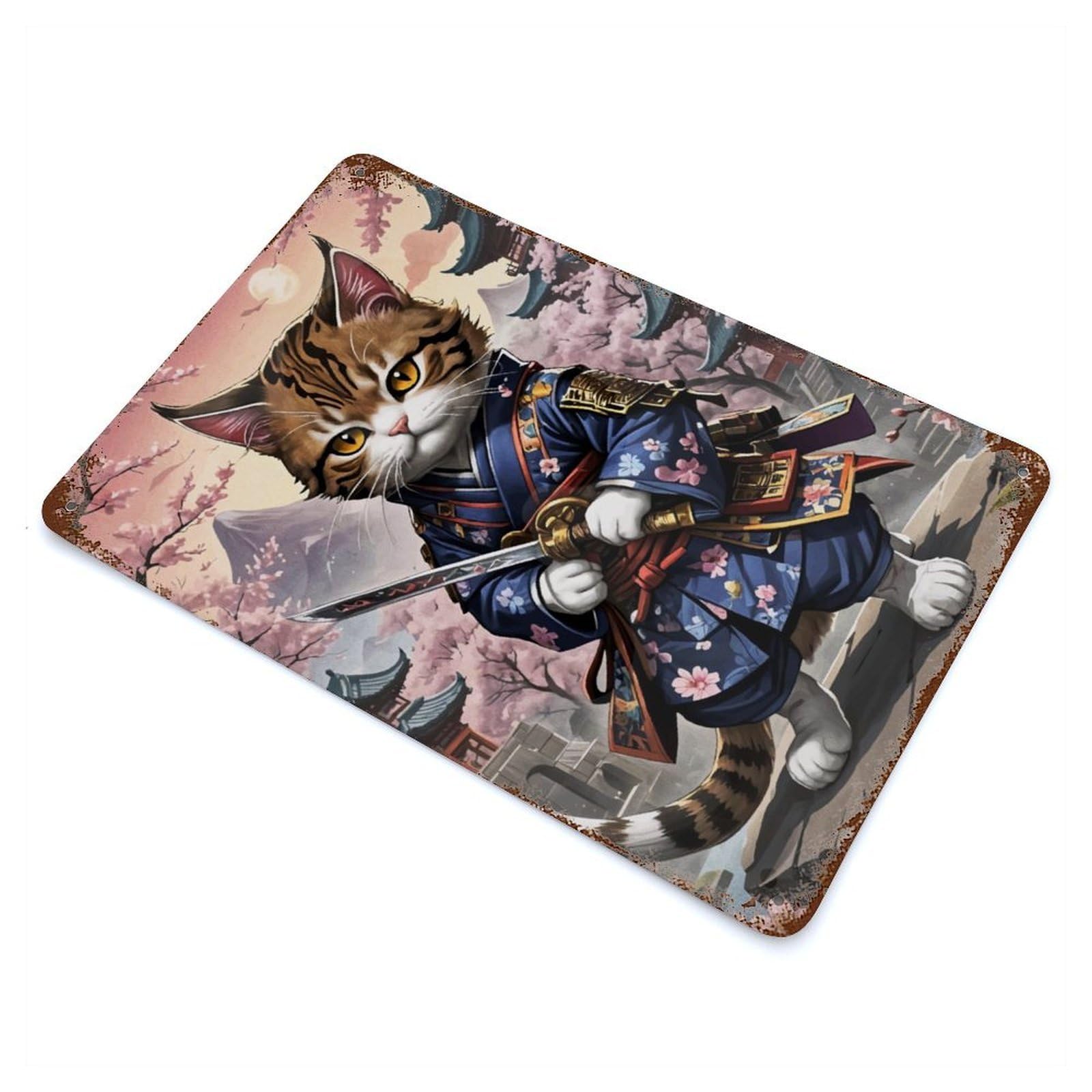 Cat Kimono Japan Aged Metal Wall Plaque 11.8"x7.9", for Living Room, Hallway And Home Decor, Shabby Chic Decor