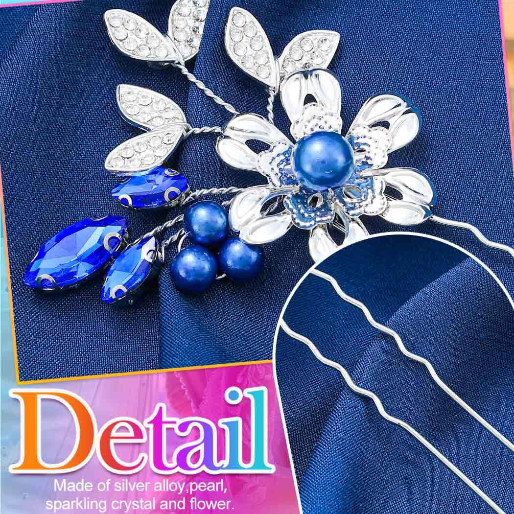 HEREAD Blue Crystal Bride Wedding Hair Pins Silver Flower Bridal Hair Pieces Pearl Hair Accessories for Women and Girls (Pack of 3) (Blue) - Image 5