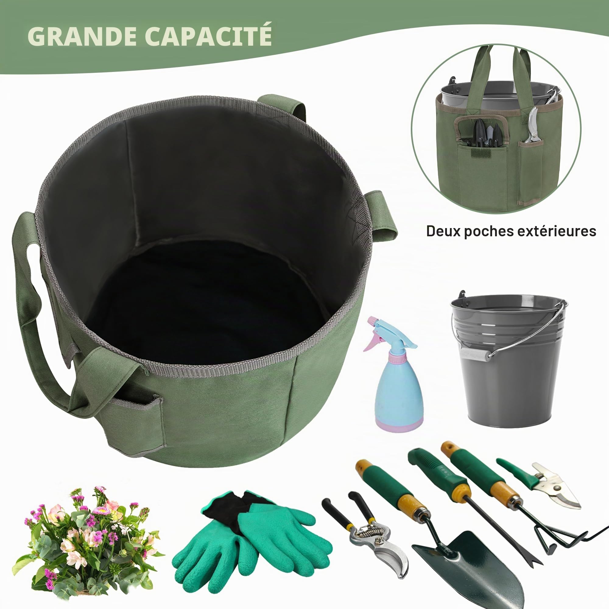 Sac seau à outils de jardin, sac fourre-tout de jardinage vert avec poches, sac fourre-tout pour outils de jardin en tissu Oxford imperméable pour femmes hommes jardiniers (sac uniquement)