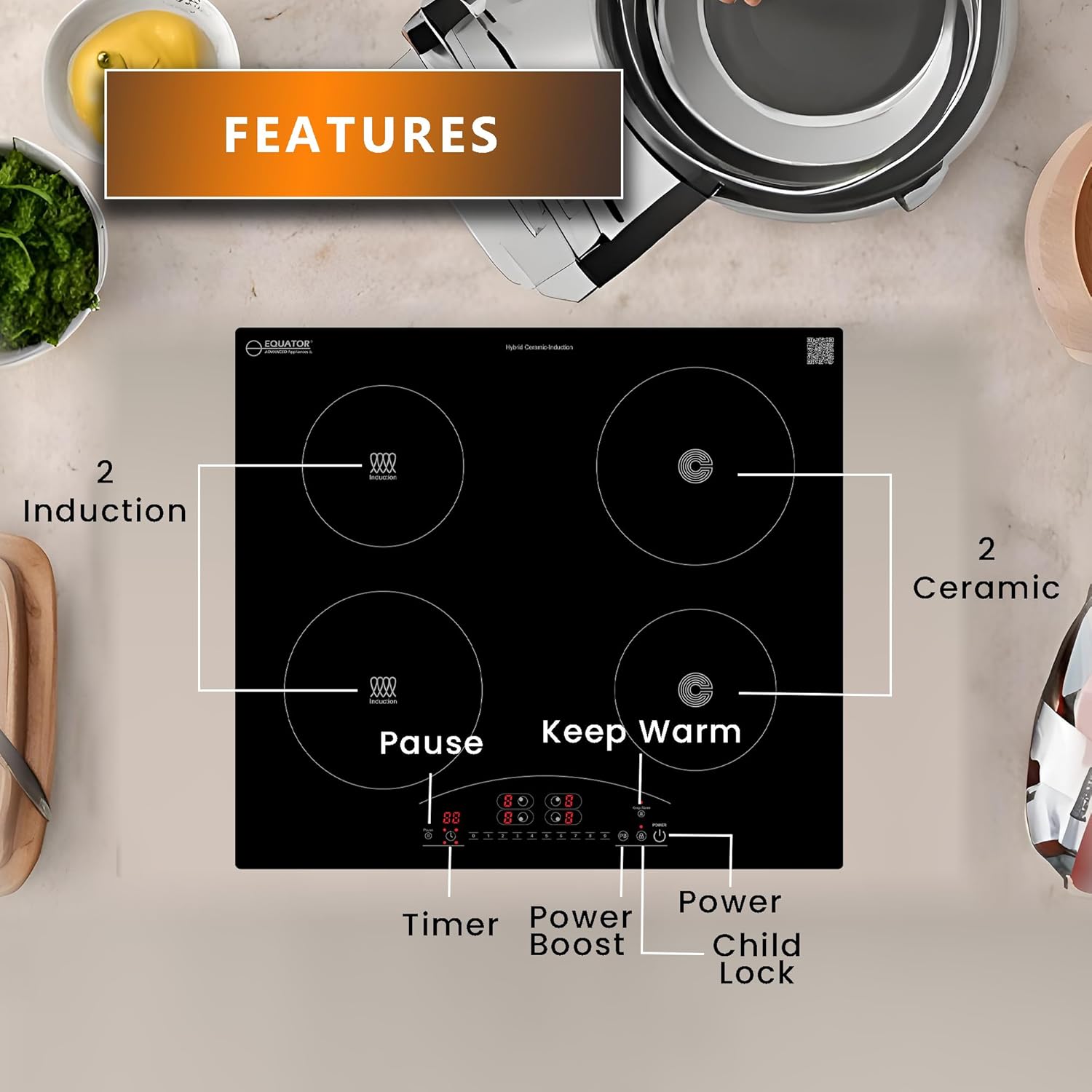Equator 24-inch Electric Hybrid Cooktop with 2 Induction & 2 Ceramic Burners Dual Cooking Modes for Flexible, Fast, and Efficient Cooking Sleek Built-in Design